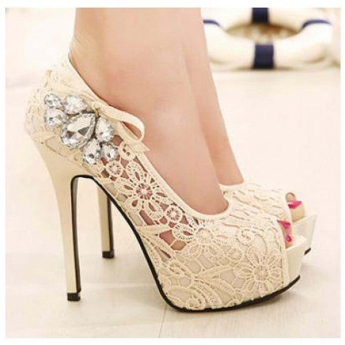 Lace Floral Platform Pumps Rhinestone