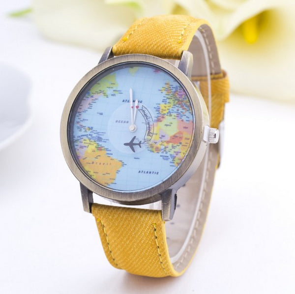 World Map Denim Fabric Watch
